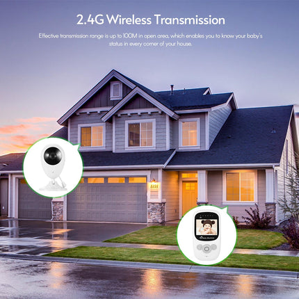 Home security system with 2.4G wireless transmission feature displayed in front of a house.