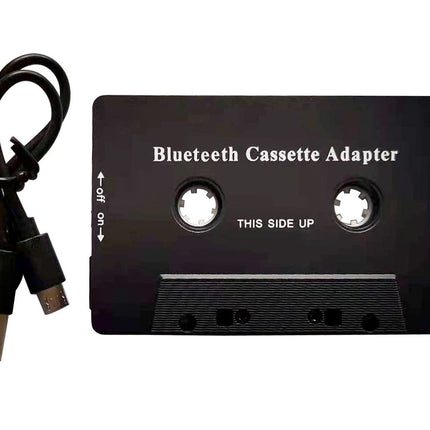 Black Bluetooth cassette adapter with USB cable on a white background