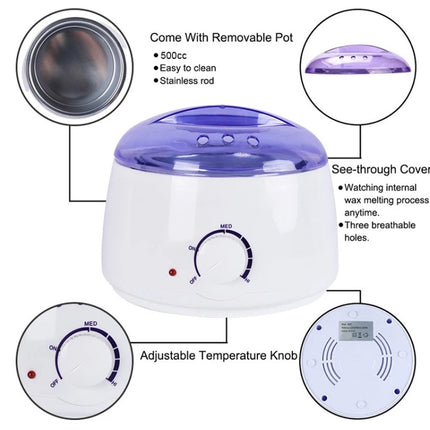 White wax with purple lid and various features highlighted on a white background