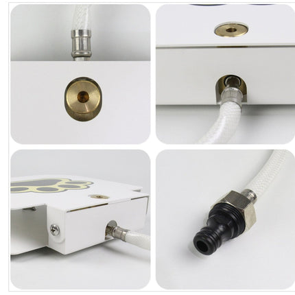 Four-panel close-up collage showing details of a white appliance or fixture, including a brass circular fitting, a white hose connected to a port, a side-mounted white unit with a fitting, and a black-and-silver connector on a white background.
