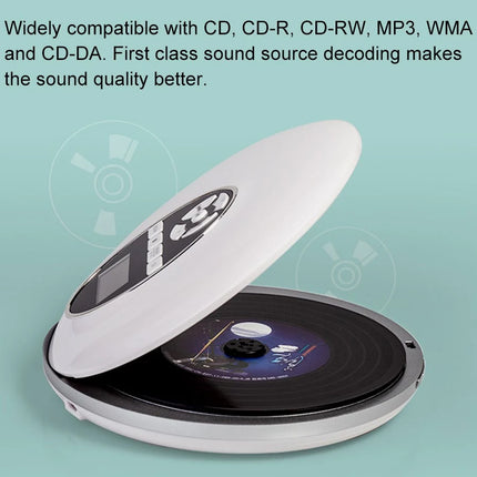 A compact white portable CD player shown open with a vinyl record inside, on a light aqua background with marketing text at the top.