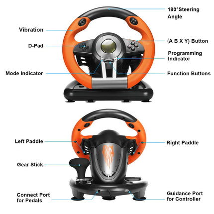 Gaming steering wheel with labeled parts on a white background