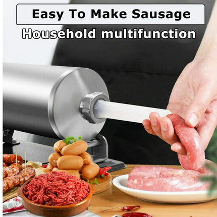 Person using a sausage making machine with ingredients on a table.