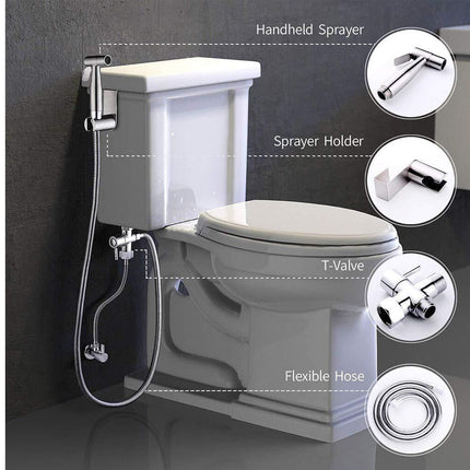 Toilet with bidet attachment and labeled parts on a gray background