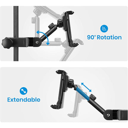 Extendable and adjustable tablet stand with 90-degree rotation feature on a white background
