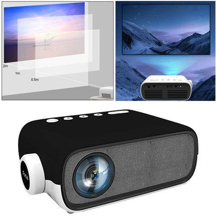 Projector with screen displaying mountain and indoor scenes, on a white background