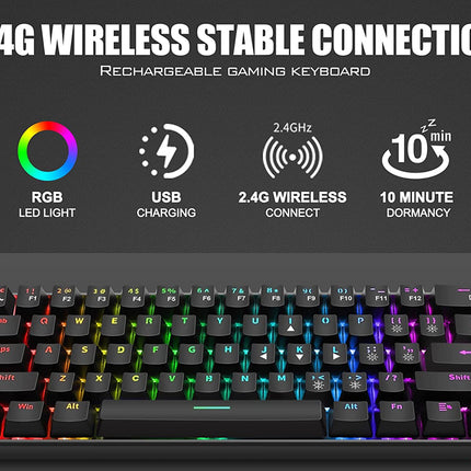 A rechargeable wireless gaming keyboard with RGB backlighting, shown below marketing text highlighting 2.4G stable connection, USB charging, RGB LED light, 2.