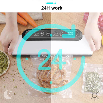 Vacuum sealer sealing food on a wooden table with '24H work' text.