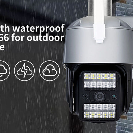 Outdoor security camera with waterproof IP66 rating on a wet surface.