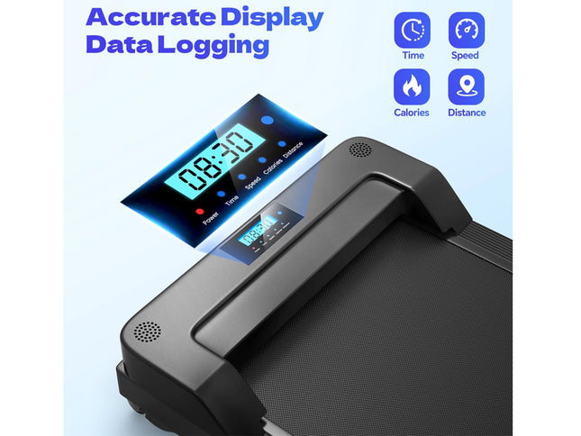 Digital display on a treadmill with data logging features on a light blue background