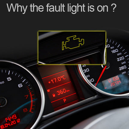 Car dashboard with illuminated fault light indicator