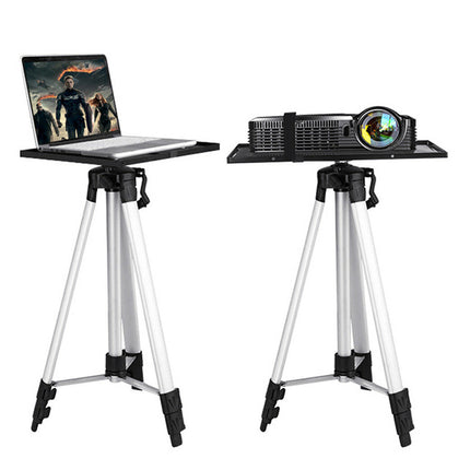 Two tripods with laptop and projector setup on a white background