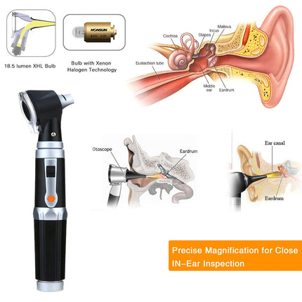 A handheld otoscope with a black and silver body is shown on a white background, surrounded by labeled anatomical ear illustrations and feature callouts, including a bulb with Xenon halogen technology and text reading 'Precise Magnification for Close IN-Ear Inspection.'.