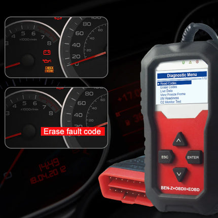 Car diagnostic tool with digital display and 'Erase fault code' feature on a dark background