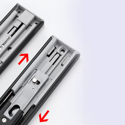 Two metal drawer slides with red arrows indicating features on a white background