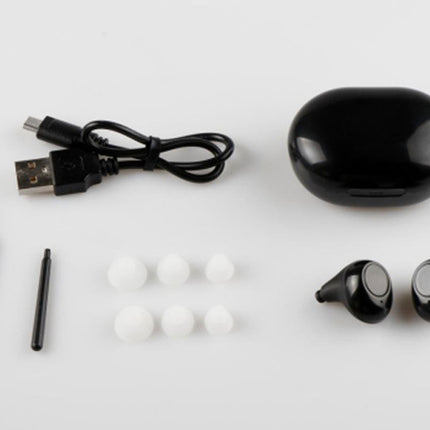 Black wireless earbuds with charging case, USB cable, and cleaning tools on a white background