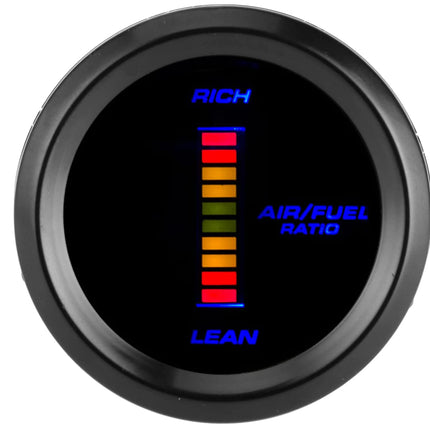 Round gauge displaying air/fuel ratio with colorful indicator on a black background