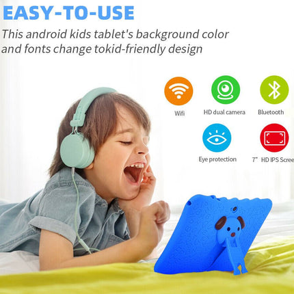 Child using a tablet with a blue stand, surrounded by icons indicating tablet features.