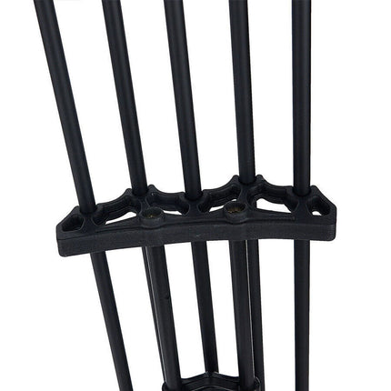 Black metal stand with multiple legs on a white background