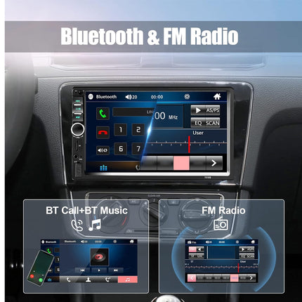 Car stereo touchscreen display showing a Bluetooth and FM radio interface, with feature callouts for BT Call+BT Music and FM Radio over a dashboard background.