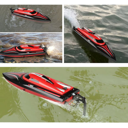 Red and black speedboat on water with multiple views