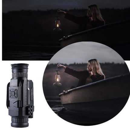 Monocular with a woman holding a lantern in a dark setting