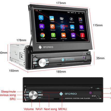 Car multimedia system with Android interface, showing dimensions and features on a white background.