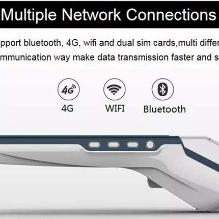 Product with multiple network connection features including Bluetooth, 4G, Wi-Fi, and dual SIM cards on a white background.