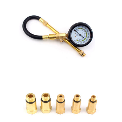 Brass tire pressure gauge with multiple nozzles on a white background
