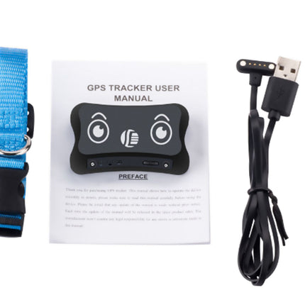 GPS tracker kit for pets on a white background, including a blue collar, a black tracker device, a USB charging cable, a screwdriver, and a user manual.