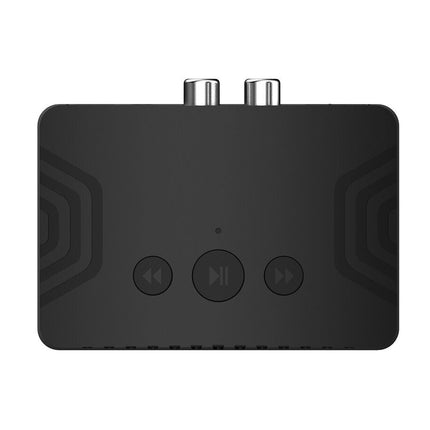 Black audio interface with control buttons on a white background