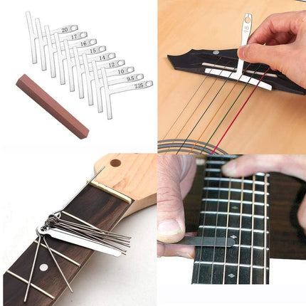 Four-panel collage showing a guitar string tuner set in use and included accessories. The top-left panel shows the metal tuner keys and a brown chalk-like accessory on a white background.