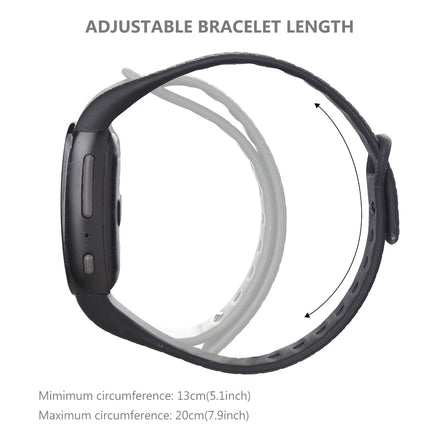 A smartwatch with an adjustable black silicone strap shown on a white background, with text indicating adjustable bracelet length and minimum and maximum circumference measurements.