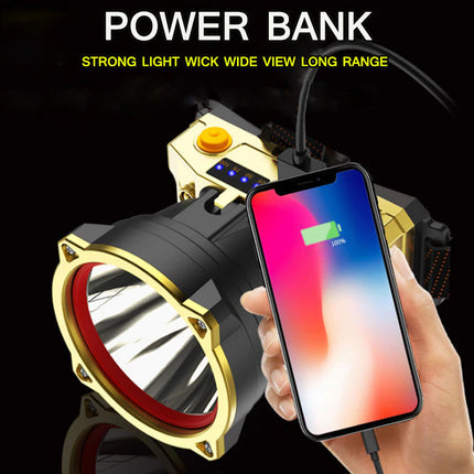 Hand holding a smartphone with a power bank attached, featuring text about power bank capabilities.