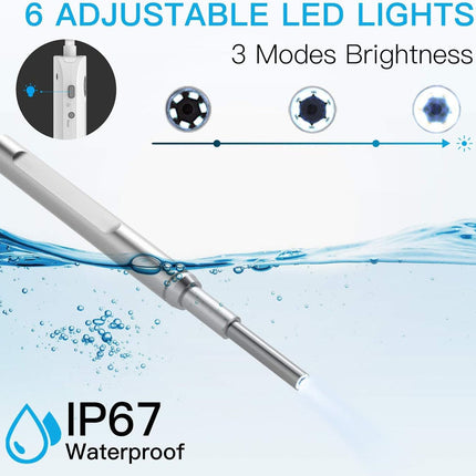 A silver cylindrical waterproof device shown underwater with text reading '6 ADJUSTABLE LED LIGHTS', '3 Modes Brightness', and 'IP67 Waterproof'. The background is light blue and white with water splashes and bubbles.