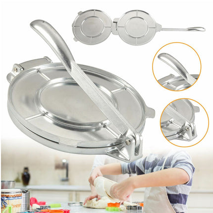 Stainless steel tortilla press with a person making tortillas in the background