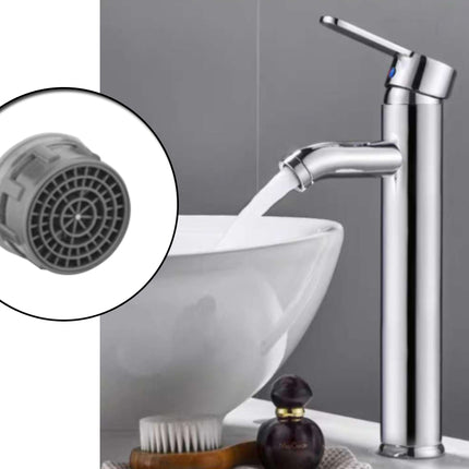 Chrome faucet with a close-up of the cartridge on a gray background