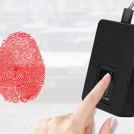 Fingerprint sensor device with a hand pressing a button and a red fingerprint graphic on a white background