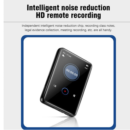 A black portable digital recorder shown on a light gray background with promotional text reading 'Intelligent noise reduction HD remote recording' and a blue border around the device.