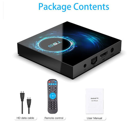 Package contents graphic showing a black Android TV box with blue circular graphics on top, plus included accessories: an HD data cable, a remote control, and a user manual. The text 'Package Contents' appears at the top on a white background.