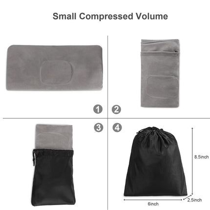 Illustration showing the compression process of a gray towel into a black drawstring bag with measurements.