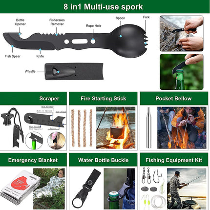 An 8-in-1 multi-use spork camping tool set shown on a white infographic-style layout with green headers. The main product is a black spork with labeled features including fish spear, knife, whistle, rope hole, spoon, and fork.