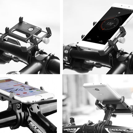 Bicycle handlebar with smartphone holder displaying a phone.