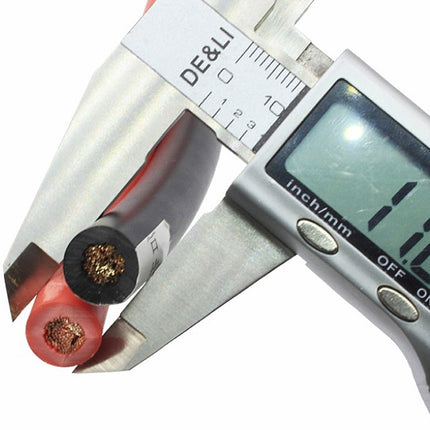 Digital caliper measuring a cable with a close-up of the measurement on a white background