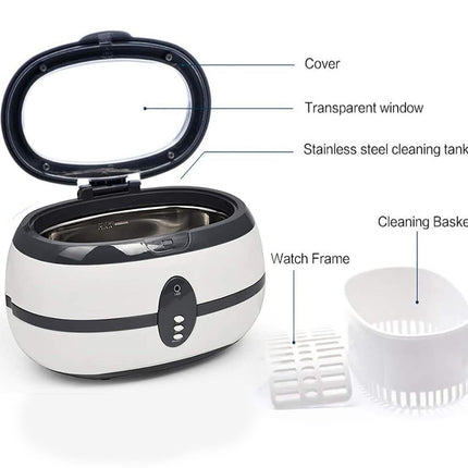 Ultrasonic cleaner with labeled parts on a white background