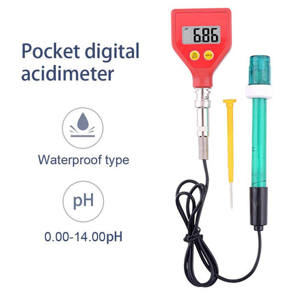 Pocket digital acidimeter with a red handheld unit, black probe cable, green electrode, yellow cleaning stick, and text callouts on a white background.