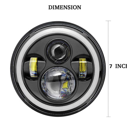 7-inch round headlight with dimensions labeled on a white background