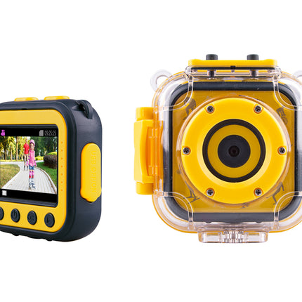 A yellow and black waterproof action camera shown from two angles: one with its front screen on and one from the back in a clear protective housing, on a plain white background.