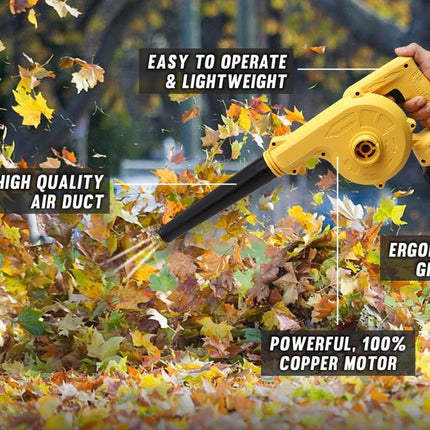 Yellow leaf blower being used to clear leaves with text highlighting features.