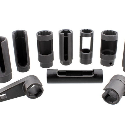 A set of dark gray and black plastic socket wrenches and extension bars arranged on a plain white background.
